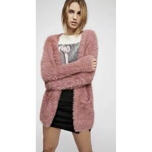 Free People Cozy Faux Fur Teddy open Cardigan Rose Mid Length Size S